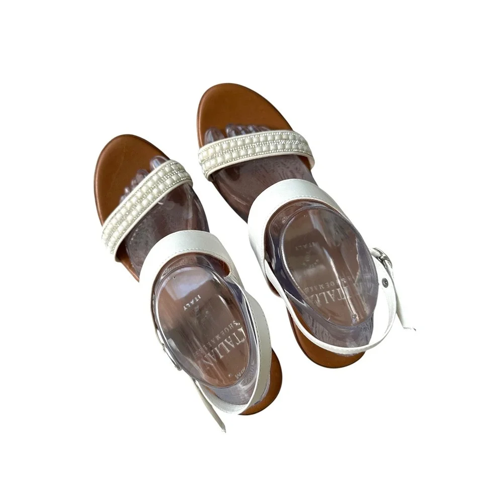 Italian Shoemakers Wedge Sandals Women 10 White Pearl Rhinestone Platform Summer